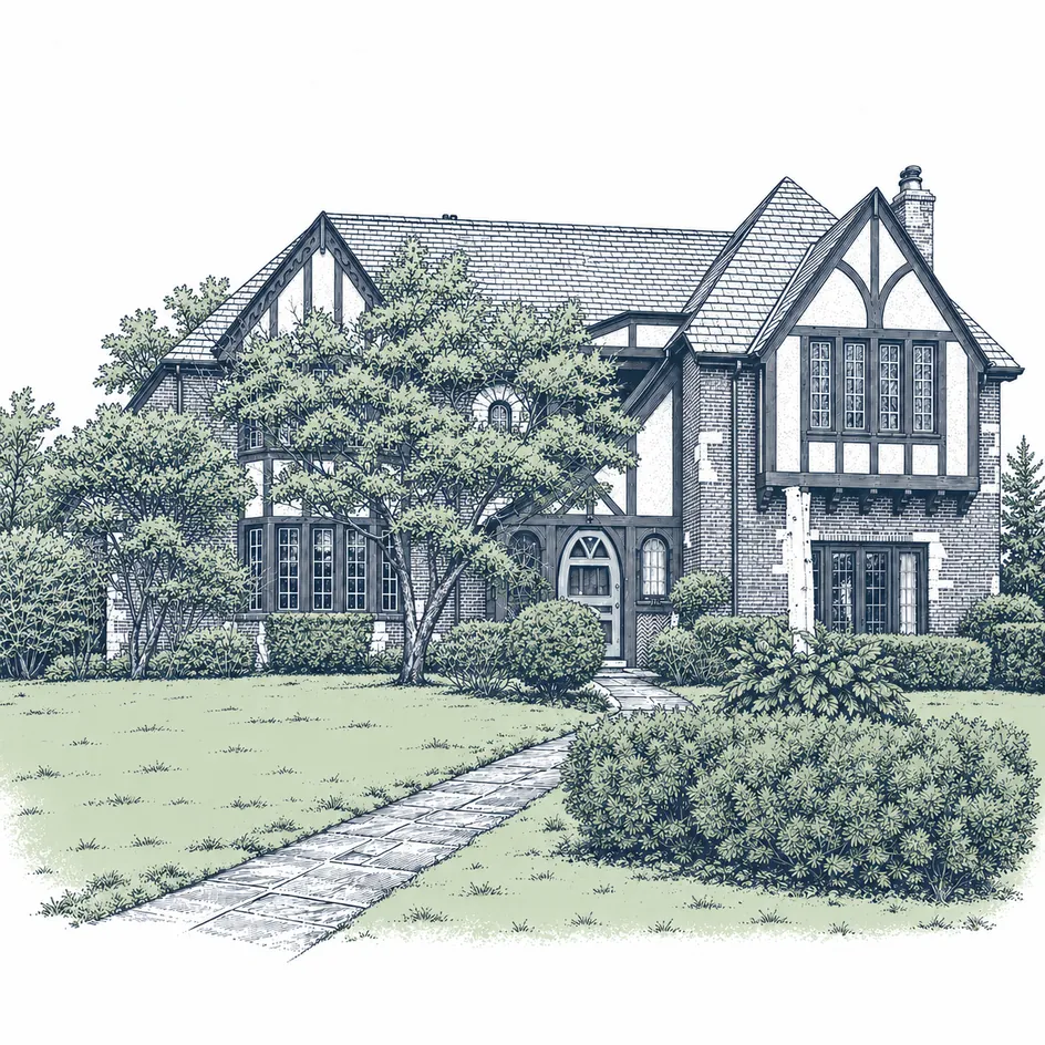 Ink illustration of a brick Tudor house in River Forest with mature trees and a flagstone walk