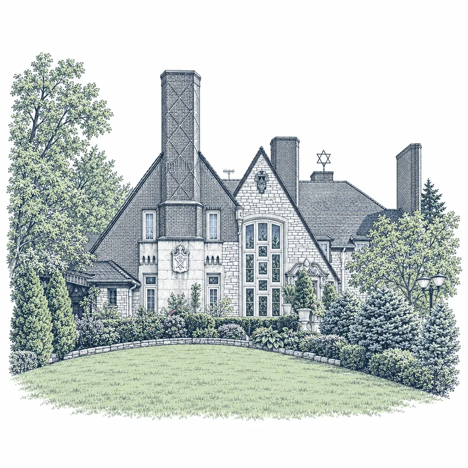 Illustrated brick and stone mansion on Franklin Avenue in River Forest, once the home of Tony Accardo, with a tall diamond-patterned chimney and mature trees