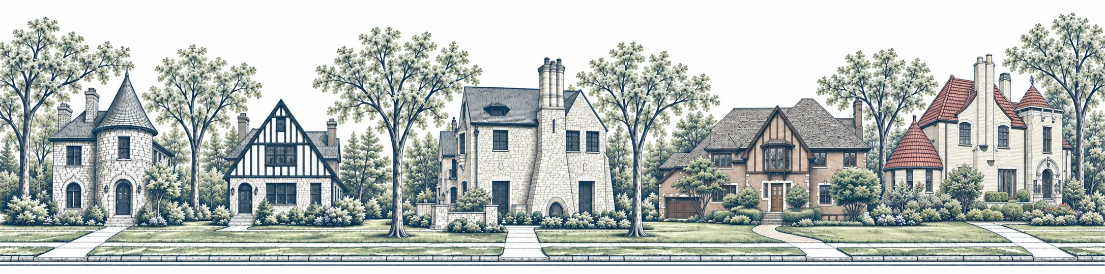 Illustrated street of River Forest houses with mature trees